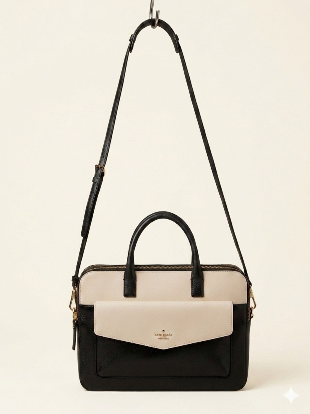 kate spade Black and Cream Two-Tone Leather Laptop Satchel with Strap